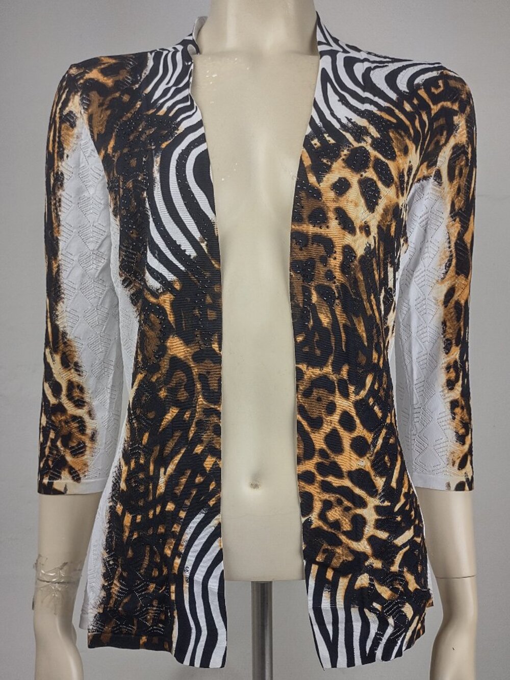 Alberto Makali white black brown animal print open front cardigan blouse Medium